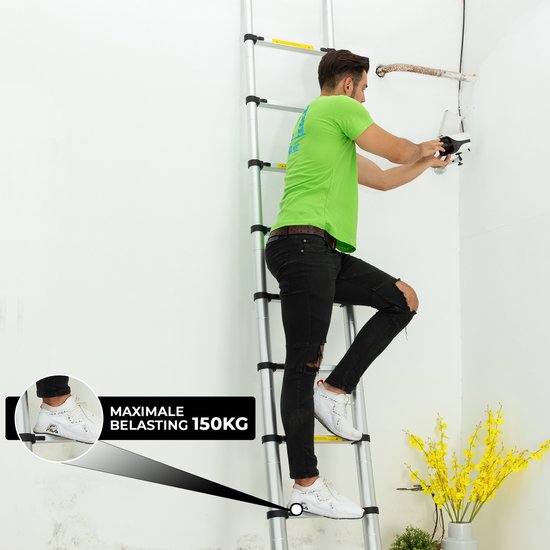 Man met groene trui werkt op uitgeschoven ladder van 4,4 meter, maximale belasting 150 kg.