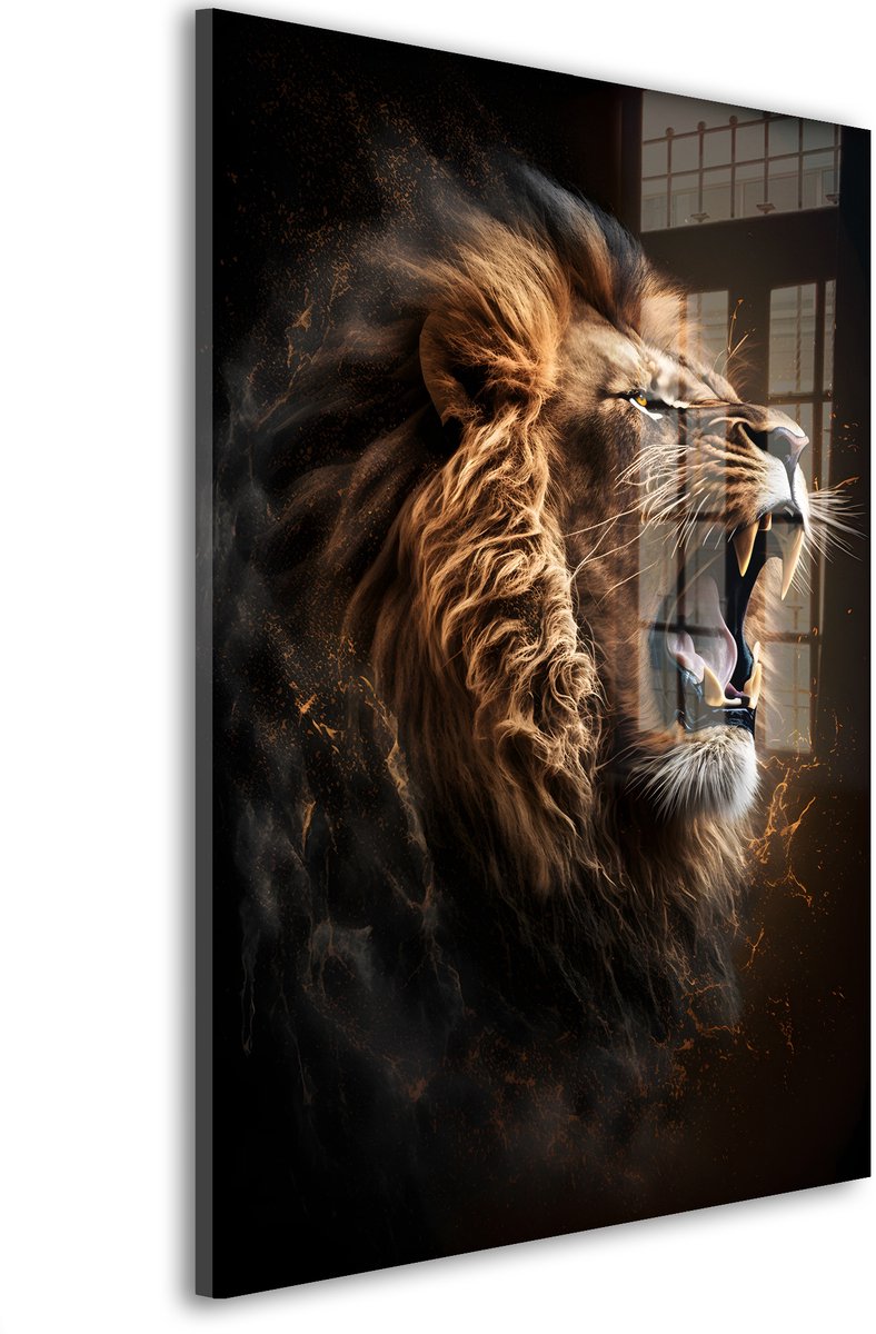 Glasschilderij Brul van kracht - 120 x 80 cm - Leeuw - Dierenhoofden - Acrylaat - Inclusief wandbevestiging - Foto op plexiglas - Wanddecoratie woonkamer – Modern – Modern