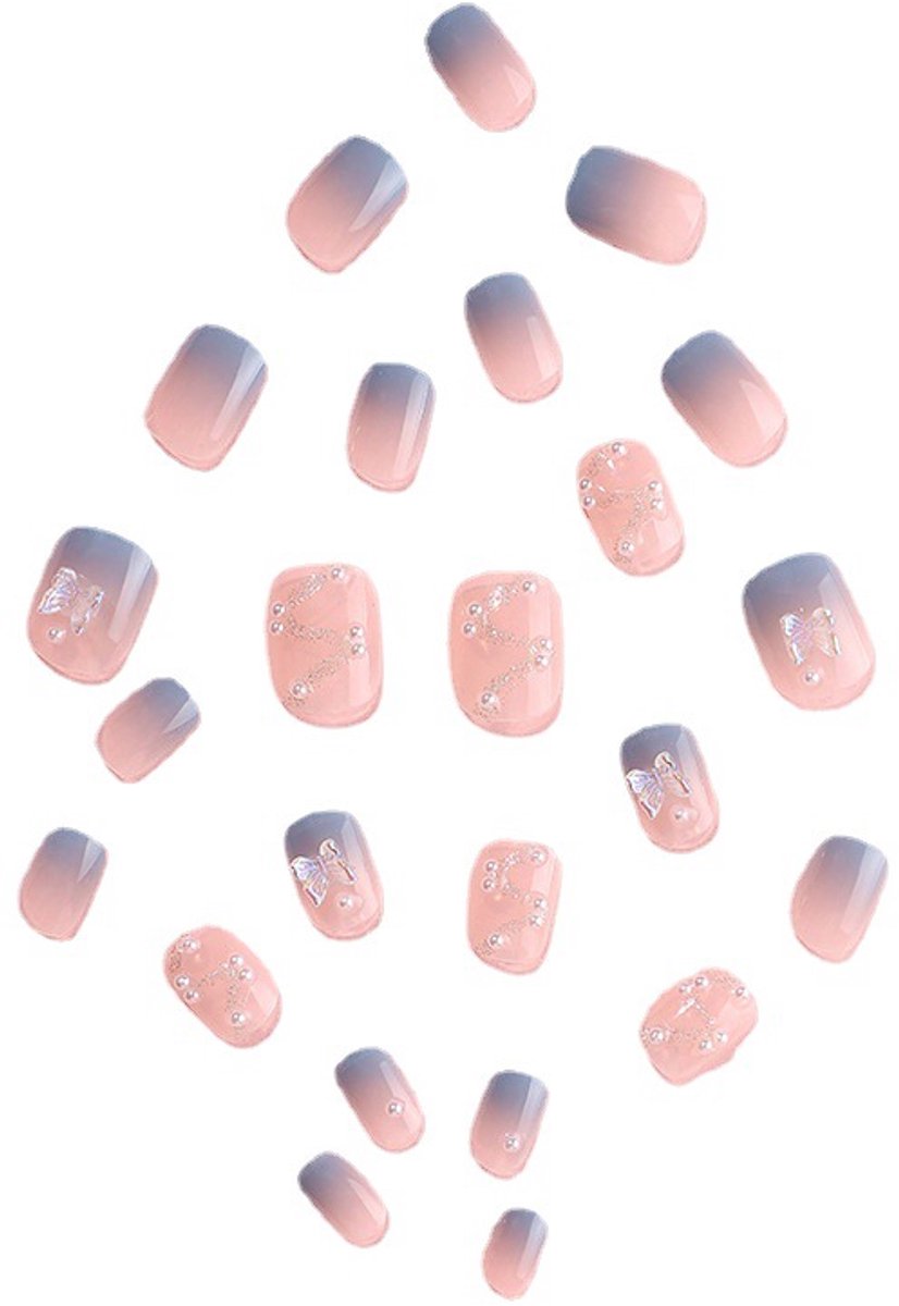 verymeet-24Plaknagels-Press On Nails -delicate & comfartable-IJsblauwe vlinderstijl
