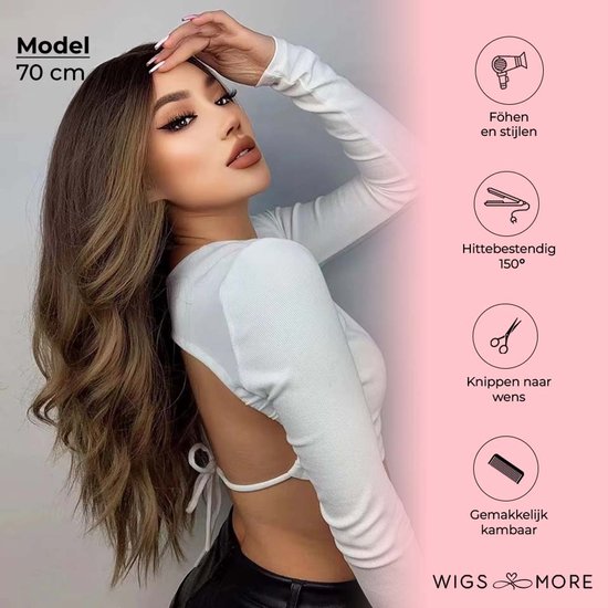 Wigs & More - Perruque marron - Perruques cheveux longs pour femme - Ressemble à de vrais cheveux - ondulée - Lavable - 65 cm
