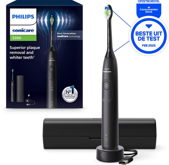 Zwarte Philips Sonicare 5300 elektrische tandenborstel met oplader, reisdoos en verpakking, inclusief 'Beste uit de test' badge.