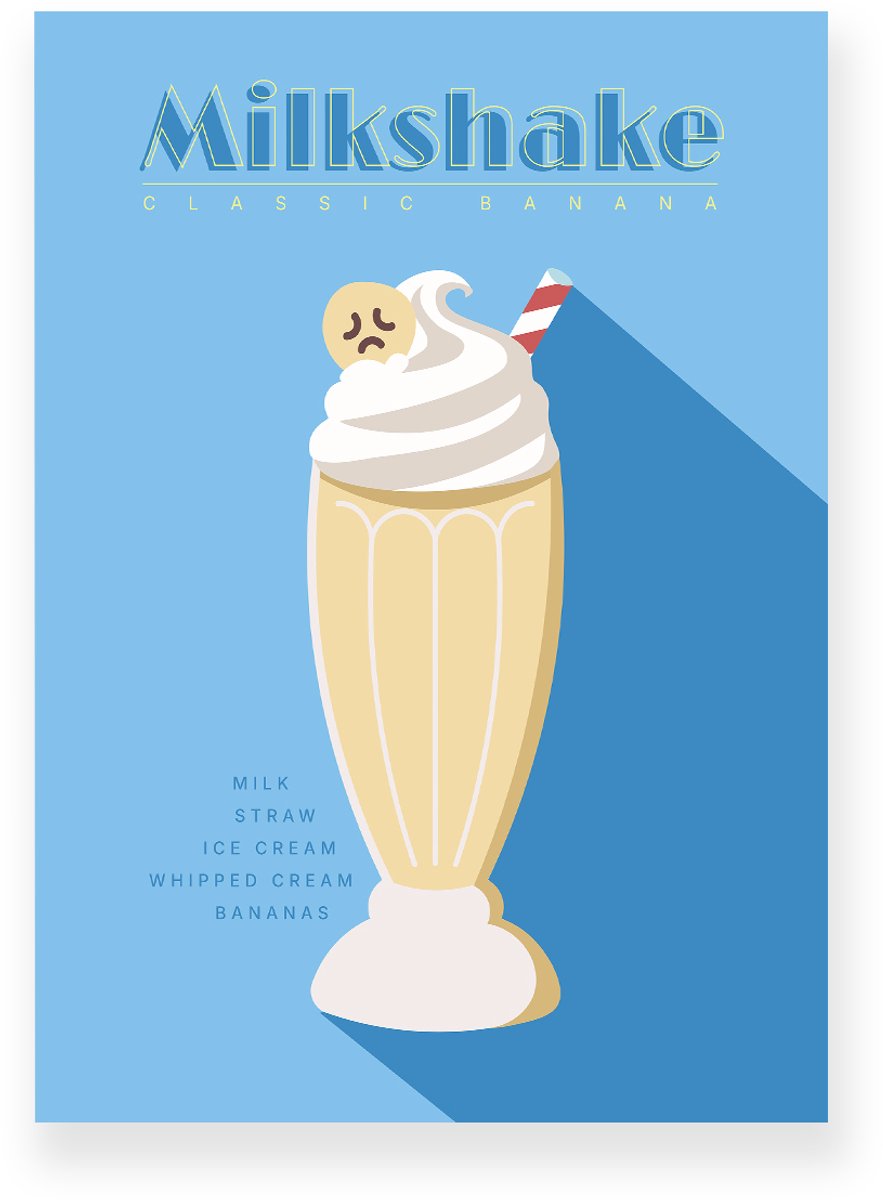 Yisual Poster 30x40 cm - Banana Milkshake - Geel - Blauw - Retro - Art deco - Muurdecoratie - Wanddecoratie