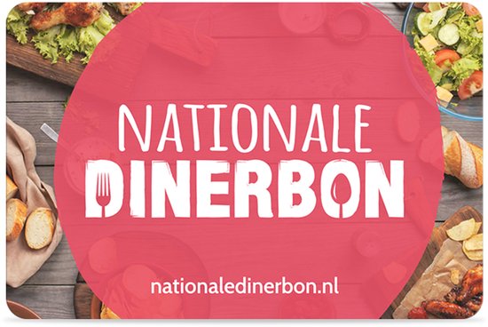 Rode Nationale Dinerbon cadeaubon met eten op de achtergrond.