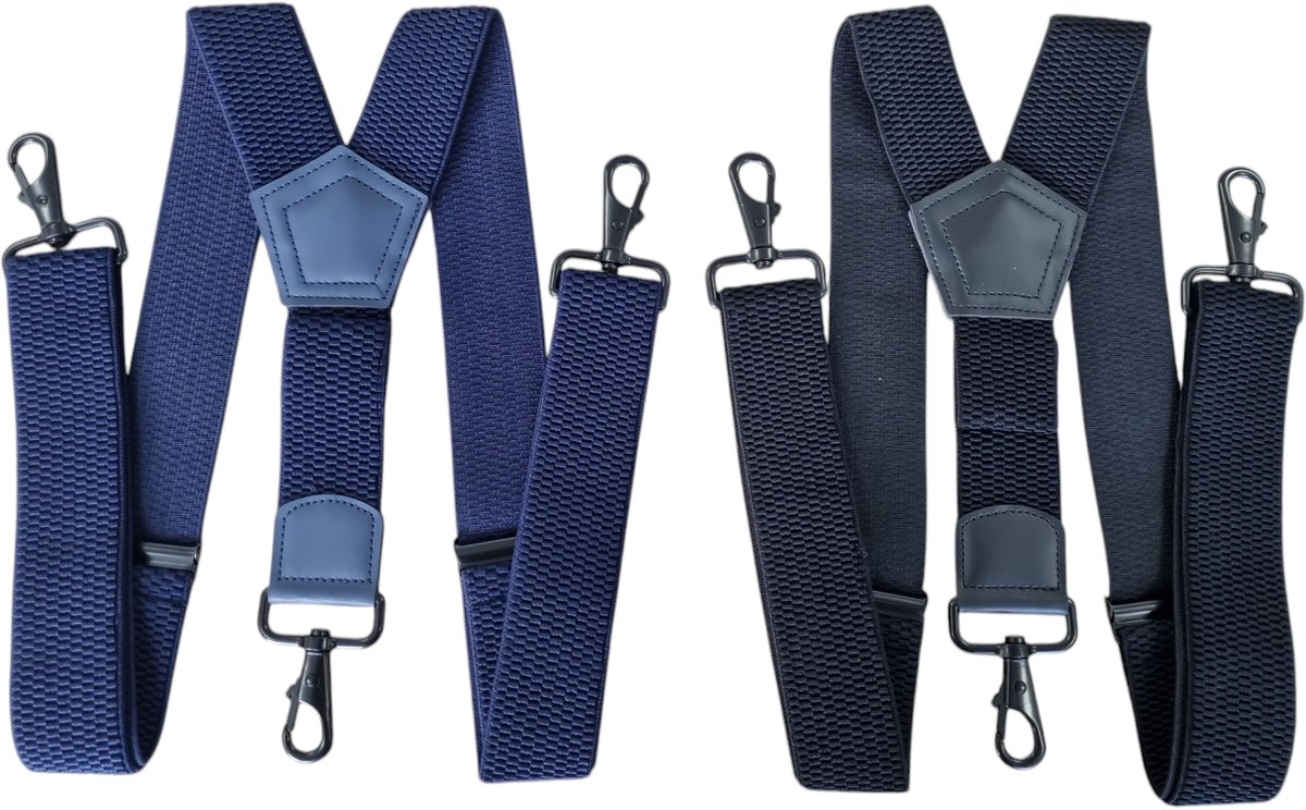 Duo Pack Bretels Zwart-Blauw Met 3 stevige Karabijnhaken Voor om de lus Van je broek