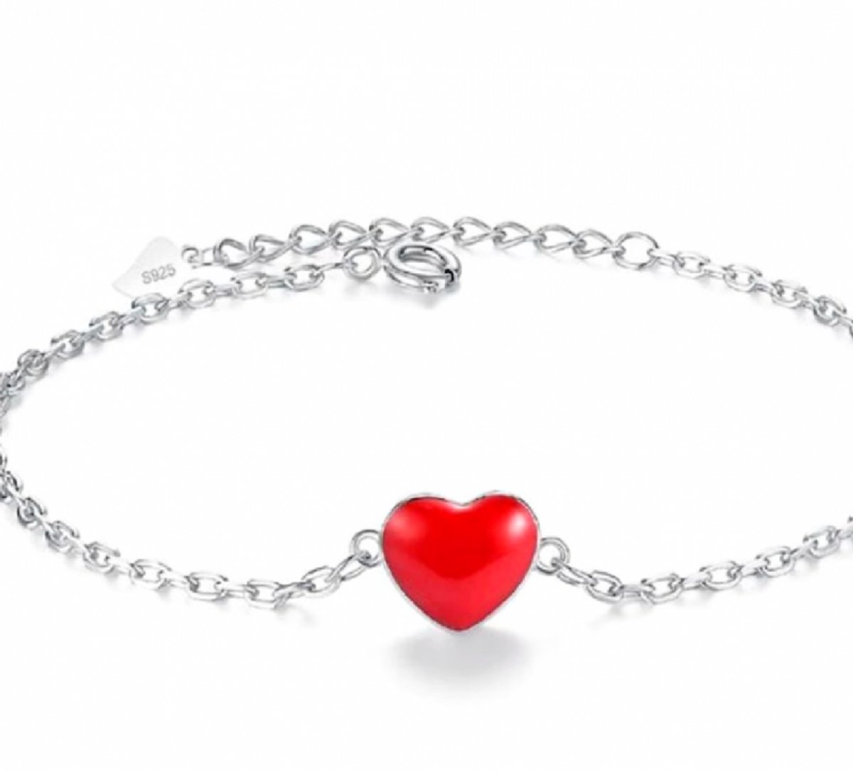 Zilveren enkelkettinkje- Rood hartje- kinderen 17 cm - Charme Bijoux