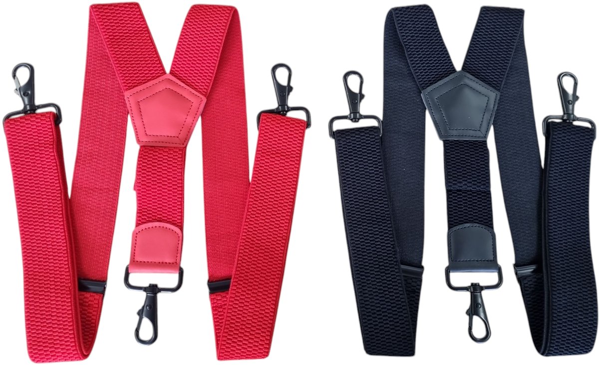Duo Pack Bretels Zwart-Rood Met 3 stevige Karabijnhaken Voor om de lus Van je broek