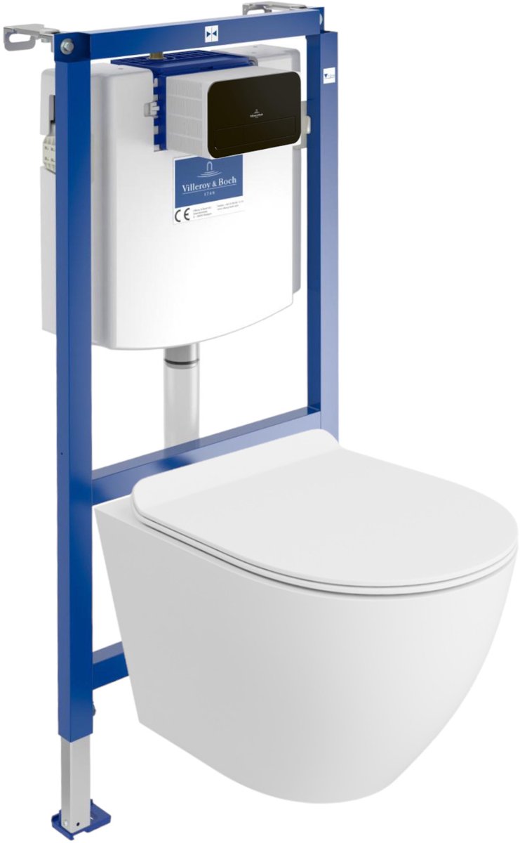 Villeroy&Boch Inbouwreservoir Complete Toiletset ViConnect H112 - Inbouw WC Hangtoilet Wandcloset SOFI SLIM WHITE MAT - Bedieningsplaat Zwart - Voorwandelement voor toilet - Installatiesysteem