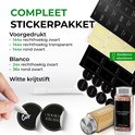 Grote collectie ronde en rechthoekige zwarte en transparante kruidenstickers, met witte krijtstift. Set 'Compleet Stickerpakket'.
