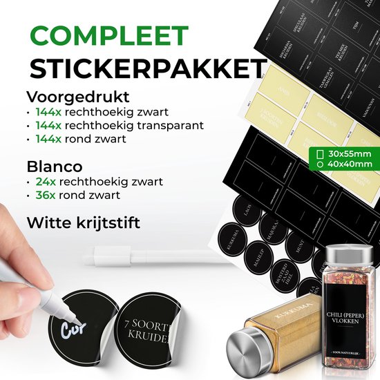 Grote collectie ronde en rechthoekige zwarte en transparante kruidenstickers, met witte krijtstift. Set 'Compleet Stickerpakket'.