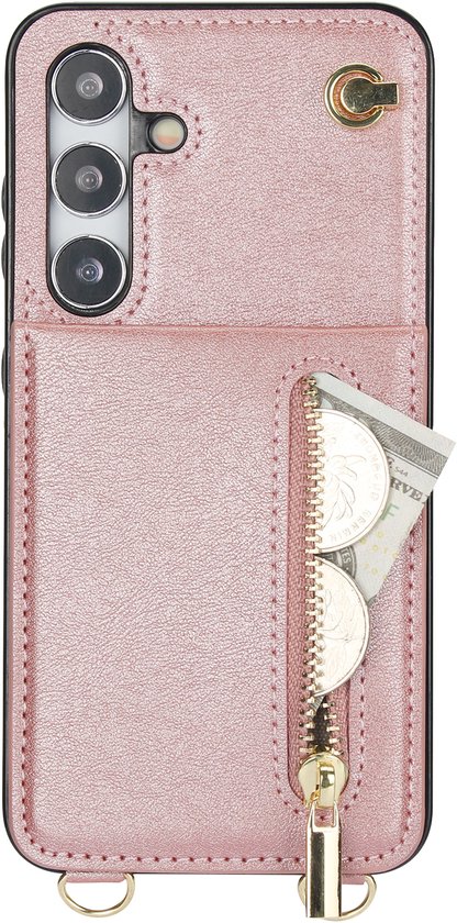 Roze telefoonhoesje van kunstleer met ritssluiting voor muntgeld en een vakje voor pasjes. Goudkleurige details.