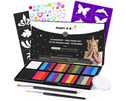 foto van Paint-A-Boo Splitcake Schminkset Kinderen op Waterbasis – Met 30 Voorbeelden - Schmink Voor 30 Gezichten – Incl. Sjablonen Glitters Penselen en Spons – 26 Kleuren - Carnaval