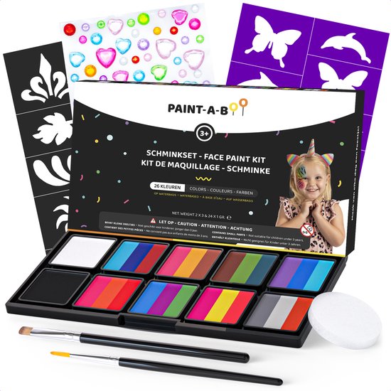 Paint-A-Boo Splitcake Schminkset Kinderen op Waterbasis – Met 30 Voorbeelden - Schmink Voor 30 Gezichten – Incl. Sjablonen Glitters Penselen en Spons – 26 Kleuren - Carnaval