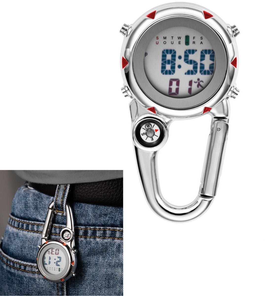 1 Stuk - Outdoor Sport Horloges Stopwatch - Kompassen - Clip Hangend Horloge - Clip Op Quartz Horloge met Wekker, Datum, Week - voor Klimmen、Wandelen、Buitensporten - Rood