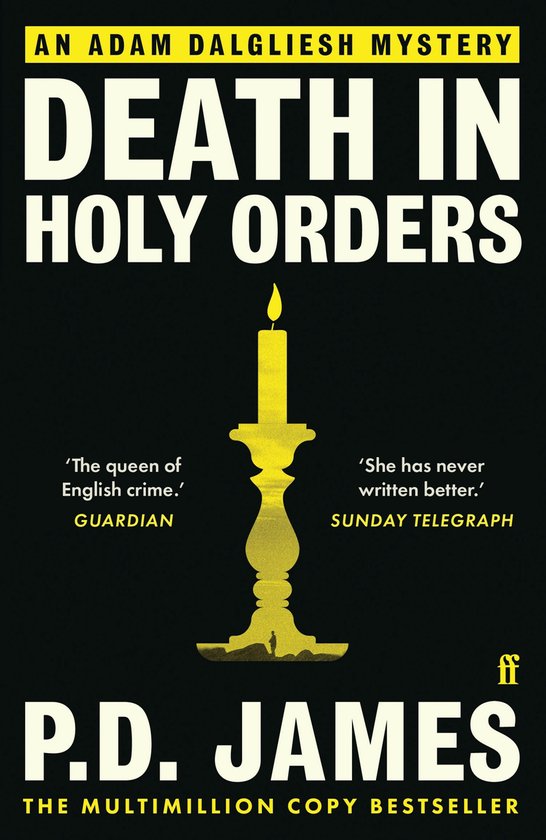 Livre 'Death in Holy Orders' avec un chandelier jaune et du texte sur fond noir.
