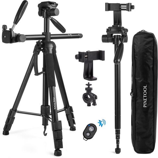 PIXETOOL Camera en Telefoon Statief 180cm – Tripod Statief - Monopod – Spiegelreflexcamera Statief – Incl. Smartphone Houder – Smartphone Statief – Camera Houder – GSM Statief – Universeel – Horizontaal – Zwart