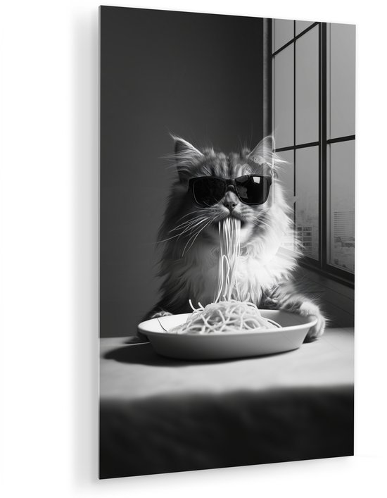 MuchoWow® Tableau sur verre 60x90 cm - Tableau sur verre acrylique - Chat à poils longs - Lunettes de soleil - Spaghetti - Humour - Zwart et blanc - Photo sur verre - Décoration murale salon - Décoration murale chambre - Peintures