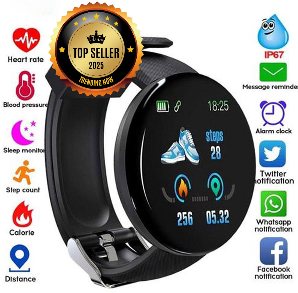 Afbeelding 2 van Vyzio - Smartwatch - Sporthorloge - Stappenteller Horloge - Hartslagmeter Horloge - Bloeddrukmeter Pols - GPS Horloge - Zwart - WATCHLITE