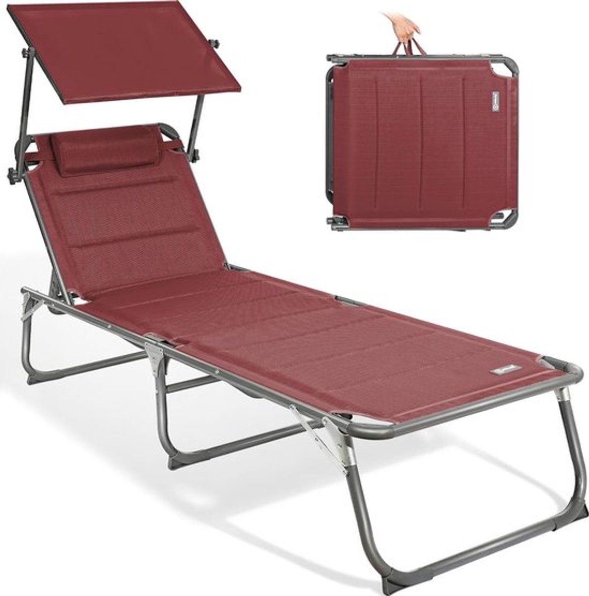 Luxe Strandstoel – Vouwbed – Ligbed Tuin – Zonnebed – Sneldrogend Schuim – Extra Comfort – Roestbestendig – Met Zonnescherm – Rood