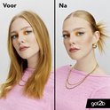 Voor en na foto's van een vrouw, haar haar eerst los en daarna strak in een paardenstaart met Got2b.