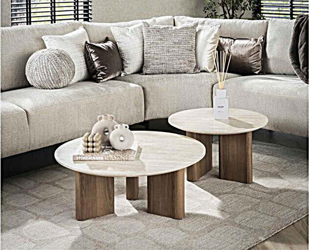 Salontafel travertin keramiek set van 2 rond - Japandi - 76x76x30 cm
