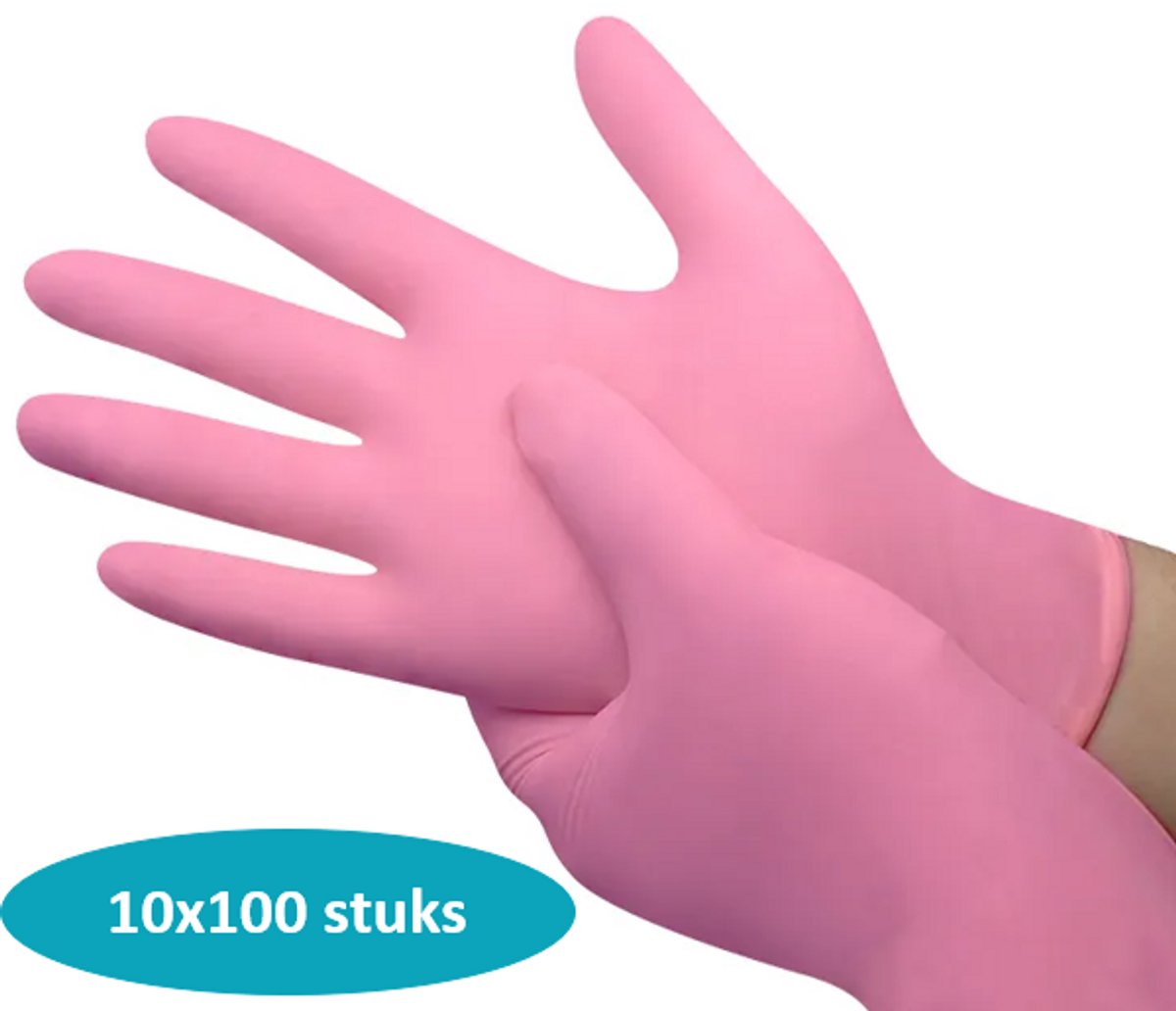 Nesto's Nitril Wegwerp Handschoenen 10x100 stuks- Latexvrij - Poedervrij - Niet steriel - Onderzoekshandschoenen - Medisch - Plastic - Maat L - Roze - Voordeelverpakking 10x 100 stuks