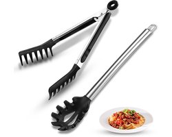 2 stuks - Pastalepel en pastatang - Pastatang met antiaanbaklaag en roestvrijstalen handvat - Geschikt voor spaghetti - Duurzaam - Geschikt voor gebruik tijdens feestdagen, verjaardagen, buitenevenementen, etentjes, enz.
