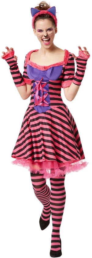 Meisje met roze en zwarte gestreepte jurk, kattenoren, striphandschoenen en gestreepte kousen.
