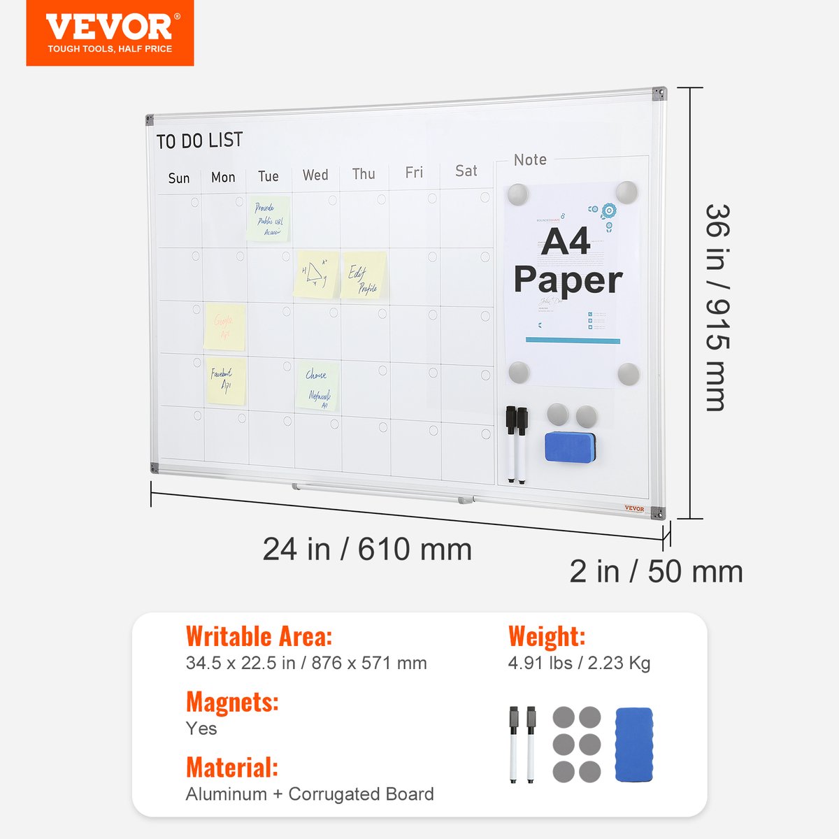 VEVOR Kalender Whiteboard Beschrijfbaar Magneetbord 915 x 610 mm, Memobord Whiteboard incl. 2 Whiteboard Pennen + 6 Magneten + 1 Magnetische Wisser, Whiteboard Droog Uitwisbare Takenlijst Kantoor thumbnail 5