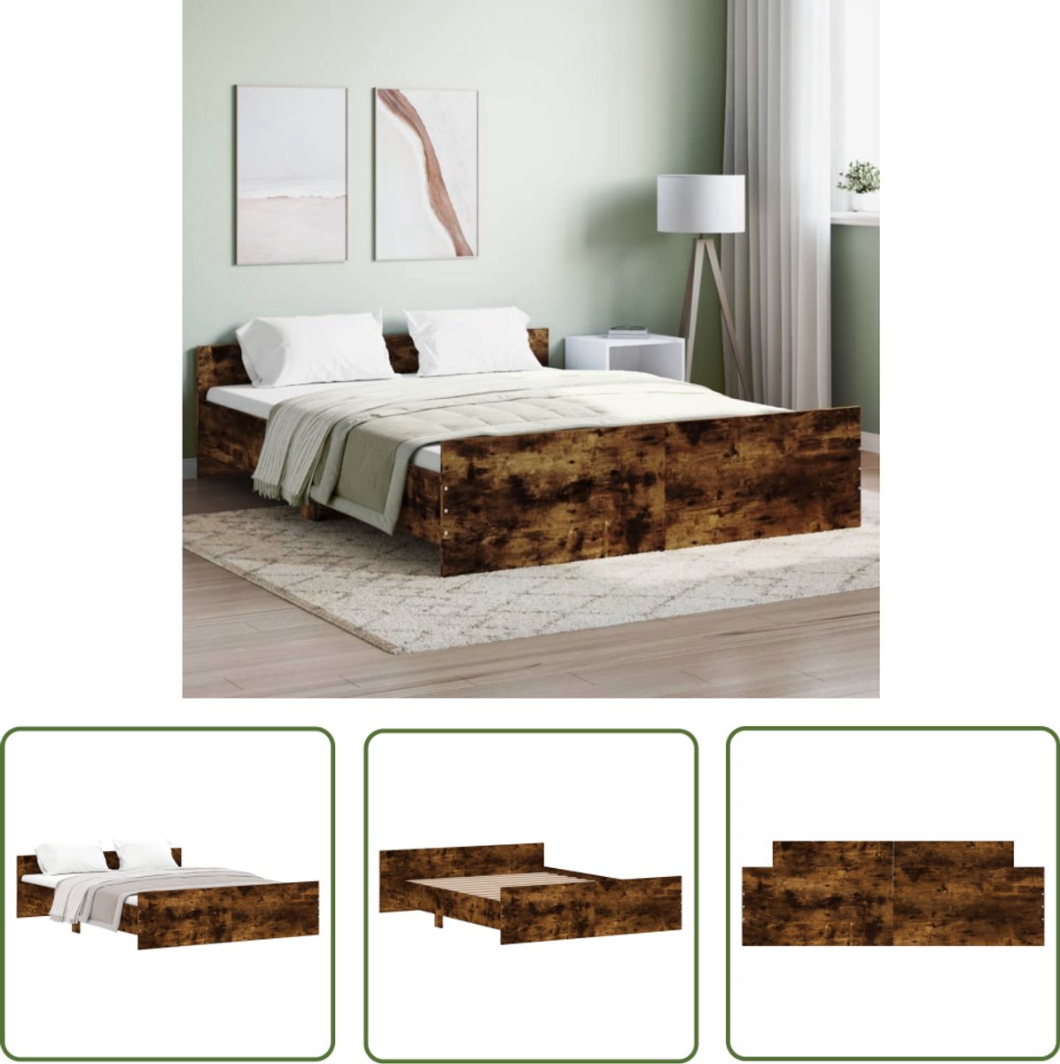 vidaXL Bedframe met hoofdeinde bewerkt hout gerookt eiken 140x200 cm
