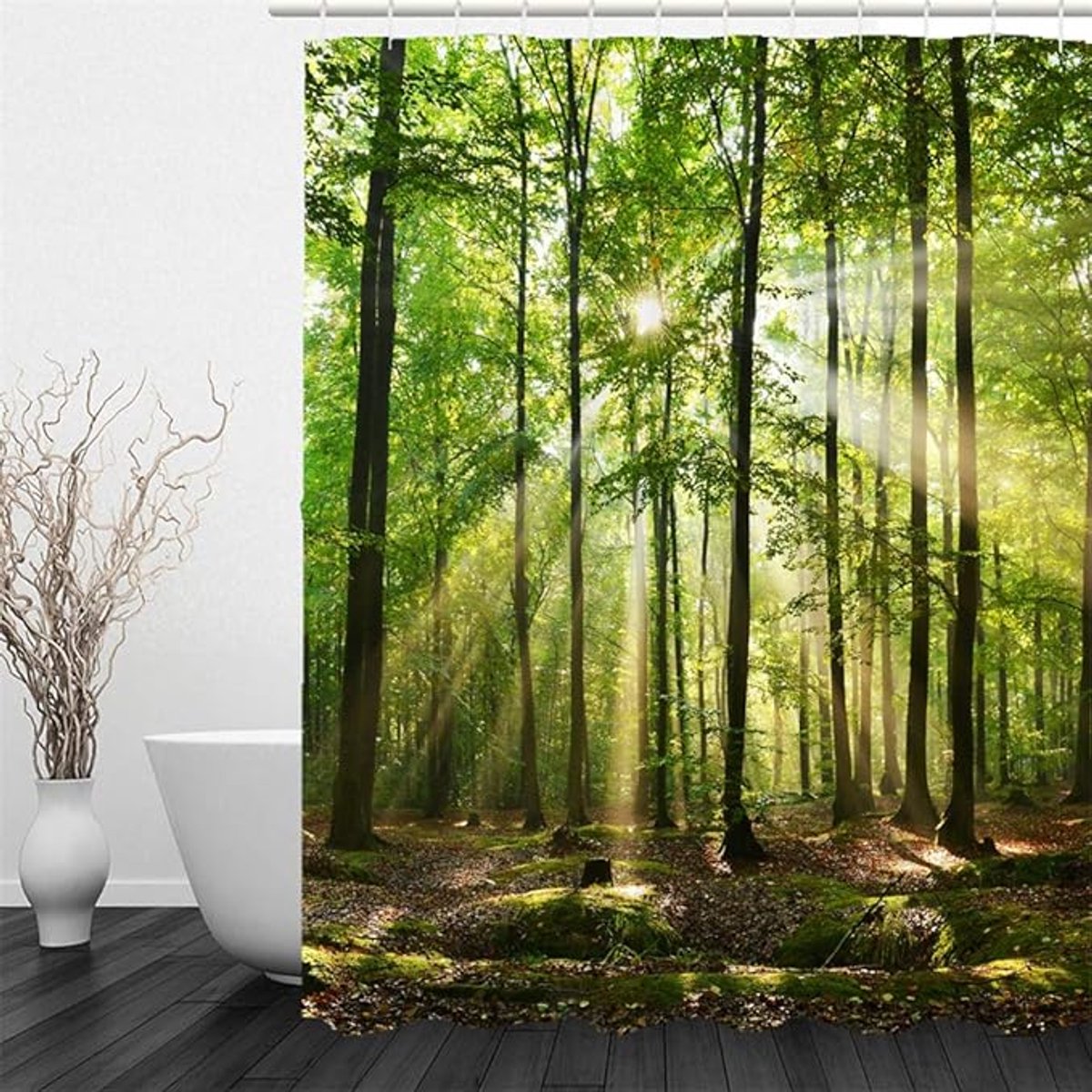 Floraweg Douchegordijn,Shower Curtain,badgordijn,badkamergordijn,Groene jungle,bos,bomenbos, digitale printen -Anti Schimmel - Inclusief 12 ringen – Waterdicht -Wasbaar- Polyester - 180x200 cm