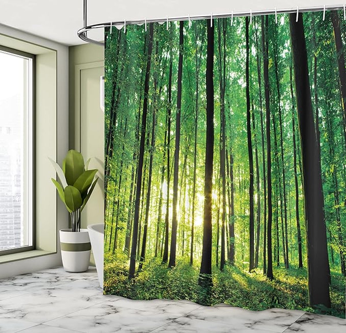 Floraweg Douchegordijn,Shower Curtain,badgordijn,badkamergordijn,Groene jungle,bos,bomenbos, digitale printen -Anti Schimmel - Inclusief 12 ringen – Waterdicht -Wasbaar- Polyester - 180x200 cm