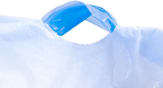 Close-up van de blauwe handgrepen en de opening van een witte, absorberende zak.