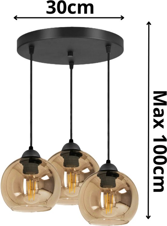 Hanglamp Industrieel voor Woonkamer, Eetkamer - Verstelbaar max. 70cm - 3-Lichts - E27 tot 60 W - Amber Glas