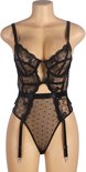 Zwarte kanten bodysuit met stippen, kanten cups en jarretels, gepresenteerd op een paspop.