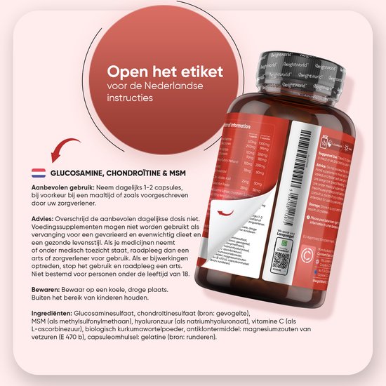 Fles met bruine pillen, met Nederlandse etiketinformatie over Glucosamine, Chondroïtine & MSM.