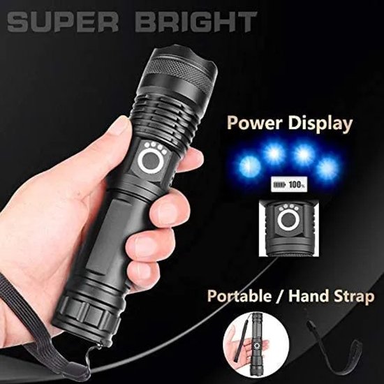 Militaire LED Zaklamp - 90000 lumen - Oplaadbaar - Zoombare Zaklamp met Batterij - 5 Modi - IPX65 Waterdicht - voor Thuis, Kamperen, Noodgevallen