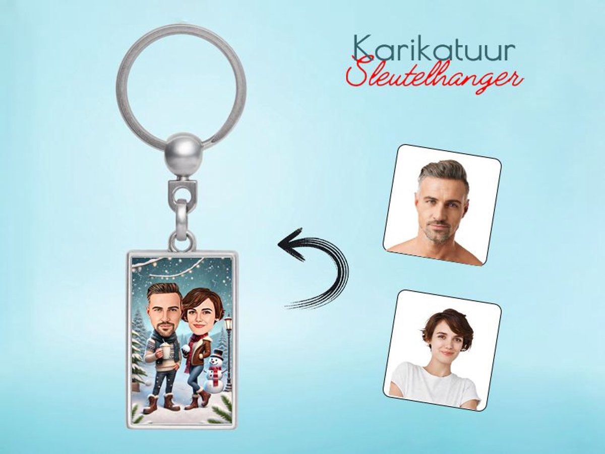 Knus Stel in een Winter Wonderland - Gepersonaliseerde Karikatuur Sleutelhanger - Gepersonaliseerd Cadeau - Met Jouw Foto - Verjaardag - Kerst - Valentijn - Uniek en Handgemaakt - Cadeau - Verjaardag - Kerst - Kado - Valentijn - Huwelijk - Moederdag