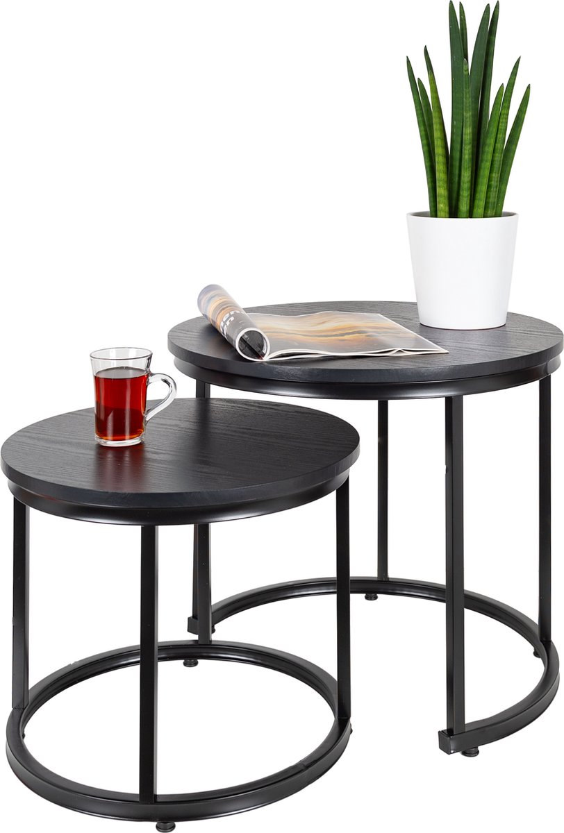 Casamoda Salontafel set van 2 - ø 43/53 cm - Hoogte 36/43 cm - Bijzettafel Rond - Salon tafel Industrieel - Tafelblad Hout - Salontafel Zwart