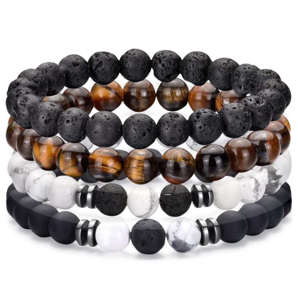 Nalussa's Natuursteen Armbanden - Kralen Armbandjes set van 4 - Natuursteen Multi Armband - Zwart, Bruin, Wit/Zwart, Zwart/Wit - Armband Heren - Sieraden - Cadeau