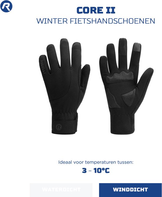 Zwarte Rogelli fietshandschoenen met antislip en logo op de pols. "CORE II WINTER FIETSHANDSCHOENEN".