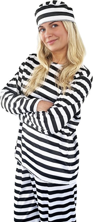 Partychimp Gevangenis Kostuum Unisex Zwart/Wit - Boevenpak Met Broek, Shirt En Hoed