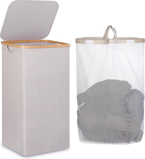 Lifewit 75 liter Slanke Wasmand met Deksel, Bamboe Handvatten en Uitneembare Waszak, Opvouwbare voor Slaapkamer, Badkamer, Slaapzaal, Waskamer, Zwart