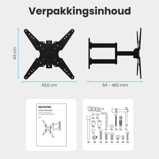 Auronic TV Beugel - 26 t/m 55 inch - TV Muurbeugel - Draaibaar en Kantelbaar - Tot 40 KG - VESA 400mm x 400mm - Voor o.a. 43" & 55" - Zwart