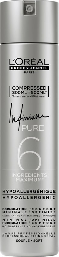 Zilverkleurige spuitbus L'Oréal Professionnel Infinium Pure, met tekst 'Hypoallergeen'.