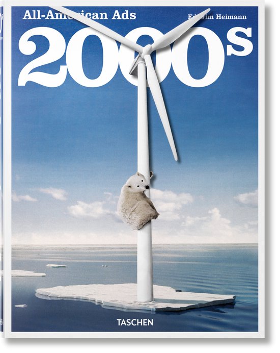 Boek 'All-American Ads of the 2000s' met een windmolen en een ijsbeer op een ijsschots.