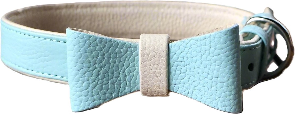 Cavlicious® hondenhalsband met strik - leer - lichtblauw - S