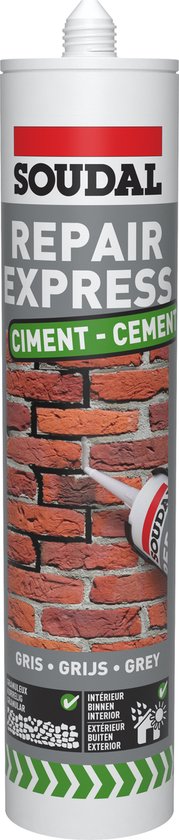 Soudal Repair Express Ciment - Cement in grijs. Gedetailleerde afbeelding van bakstenen.