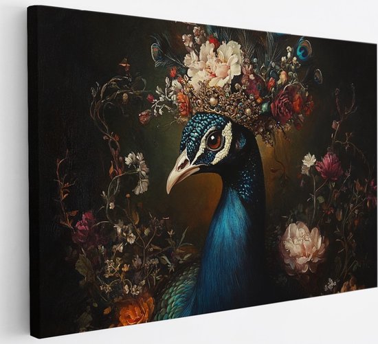 Saammp Canvas Schilderij - Pauw met kroon - Bloemen - Dieren - Natuur - 60x40 - Foto op canvas - Wanddecoratie - muurdecoratie Woonkamer - Slaapkamer decoratie - Canvas Print
