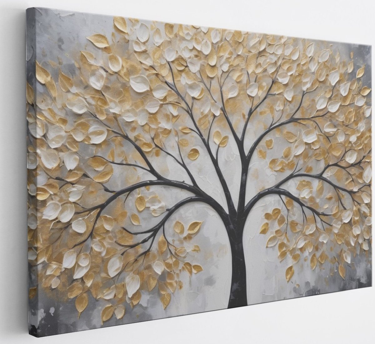 Saammp Canvas Schilderij - Winterboom met goud - Abstract - 30x20 - Foto op canvas - Wanddecoratie - Muurdecoratie Woonkamer - Slaapkamer decoratie - Canvas Print Multicolor