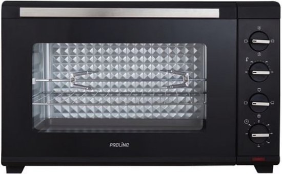 Zwarte Proline oven met gesloten deur, bedieningsknoppen en "PROLINE" logo.